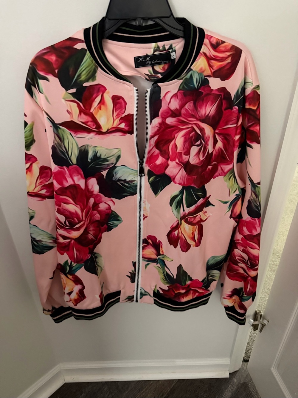 Pink Floral Bomber Jacket with Contrast Trim